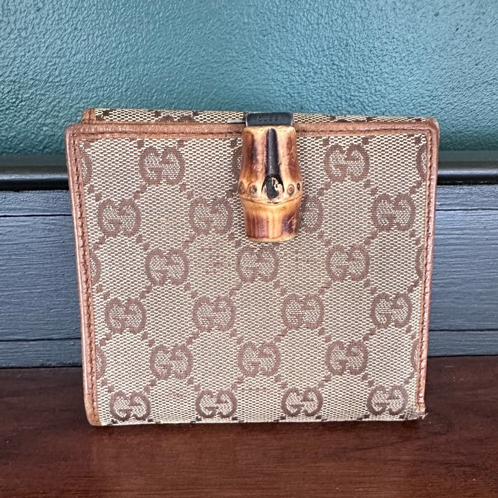 EUC Gucci Monogram Canvas and Leather Bamboo Compact Wallet